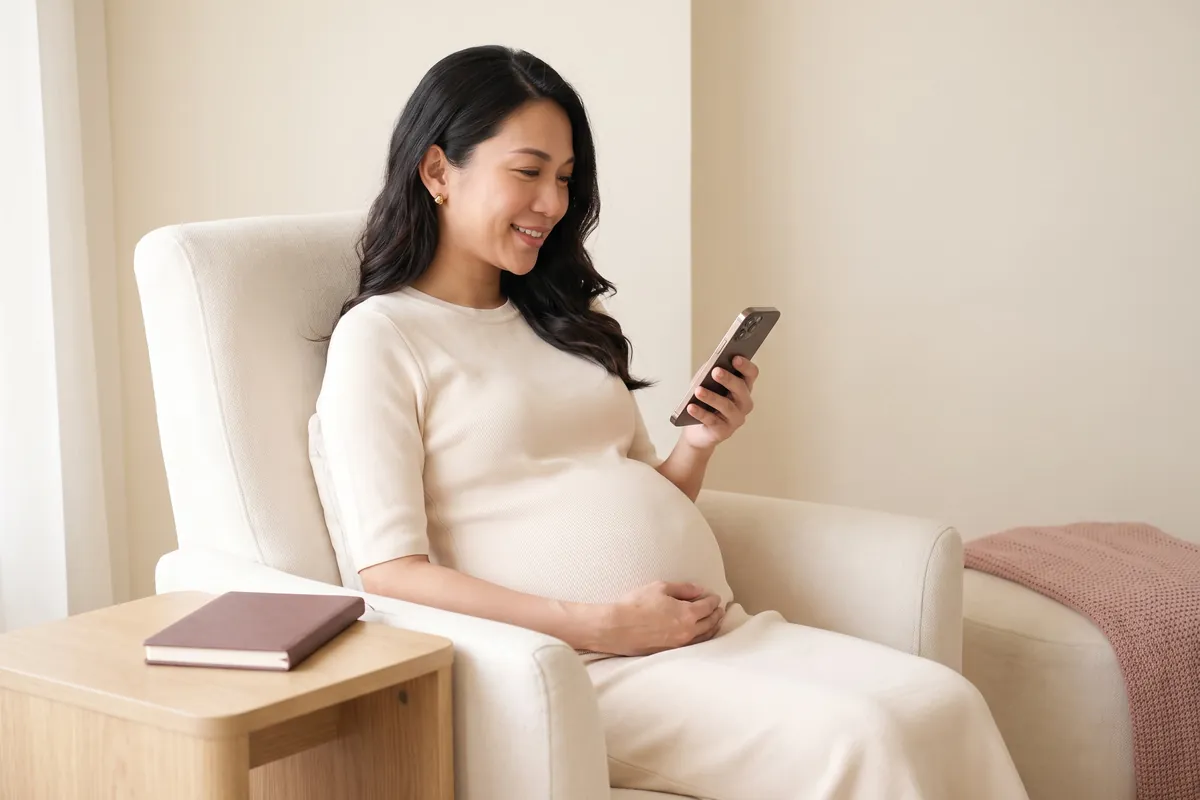 A pregnant mother planning her week at a desk with a notebook